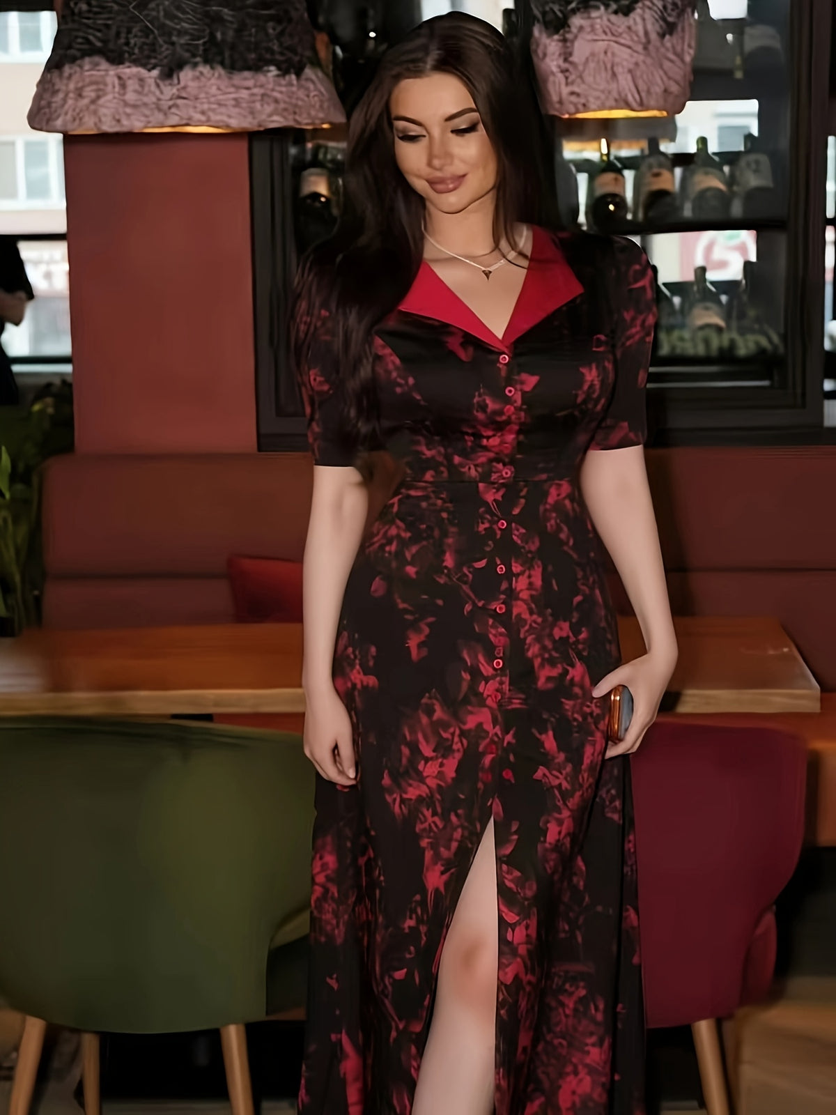 Women's French Vintage Lapel Collar Dress with Waist Cinch - Short Sleeve -Neck -Line Midi Dress, Blouse-Suitable for Daily Commuting, Short Bell Sleeves & Contrast Collar, Spring Summer Office to Casual Wear (Machine Washable) - Deep Red