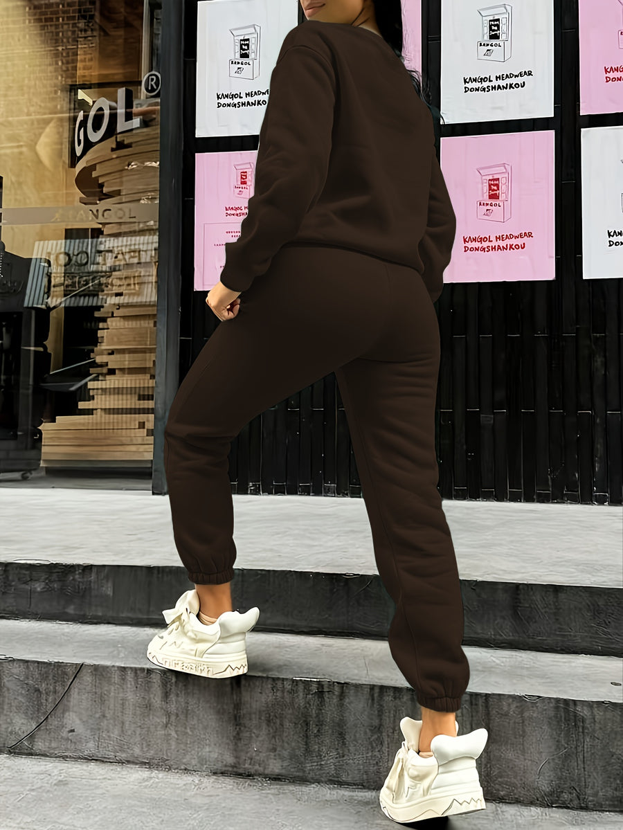 Women'S Autumn Winter Two-Piece Set, Easy Pattern Sweatshirt And Jogger Pants - Coffee Color