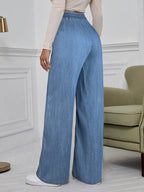 Plain Washed Light Blue Elastic Waistband Loose Fit Wide-leg Imitation Denim Pants, Women's Imitation Denim Pants for Spring and Autumn Weardenim - Light Blue