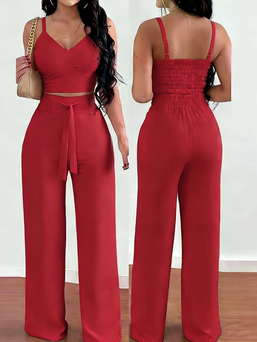 2-piece Women's Set with Thin Strap Stretch Camisole and Wide-leg Pants (front Tie) for Casual Vacation Wear - Brick Red