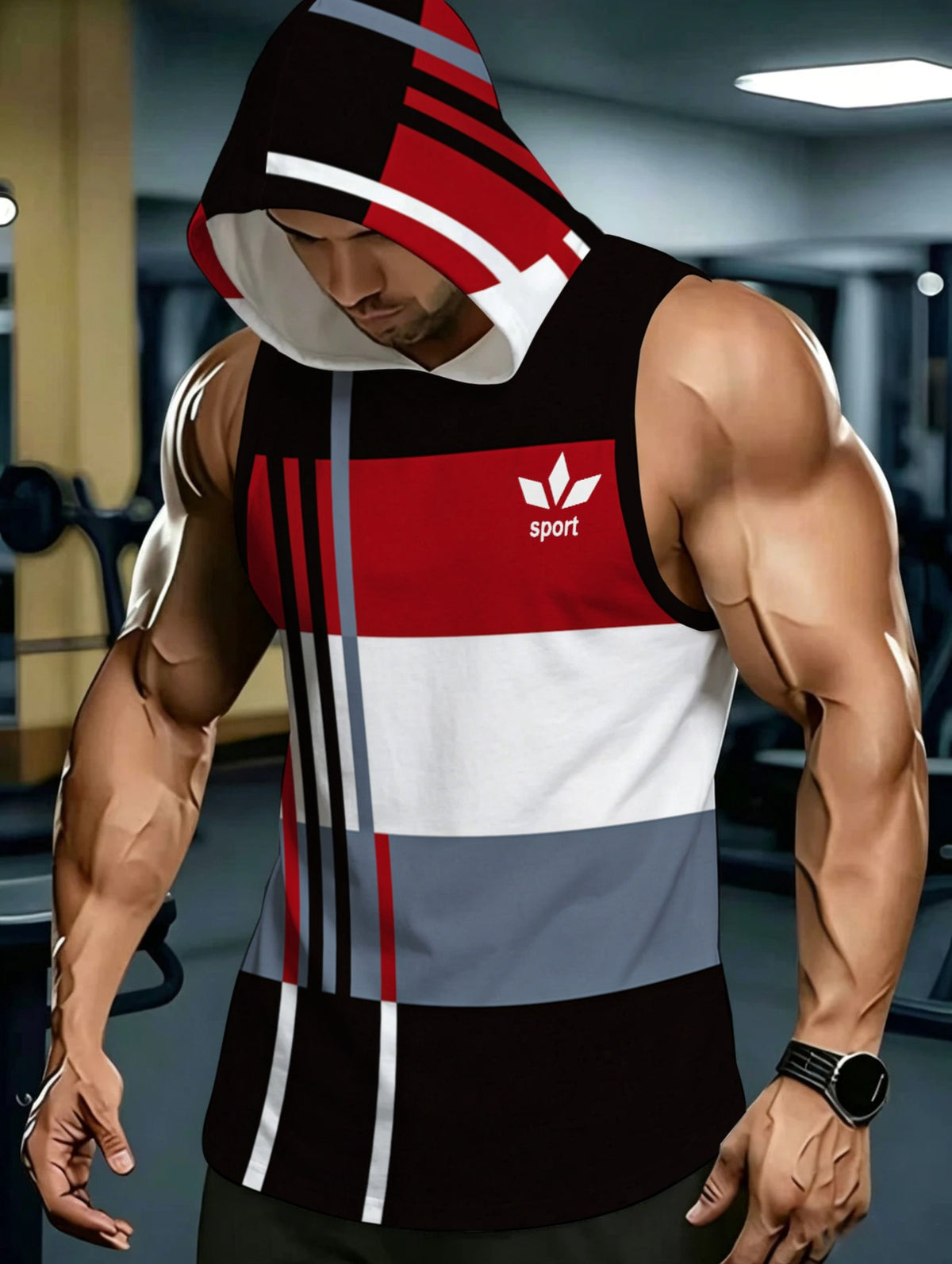 Men's Sleeveless Hooded Sports Top with Color Block Patchwork Design, Breathable and Comfortable for Daily Casual, Fitness Training, Outdoor Wear, Trendy Fashion Summer New Style Street Style for Young Students - Mixed colors