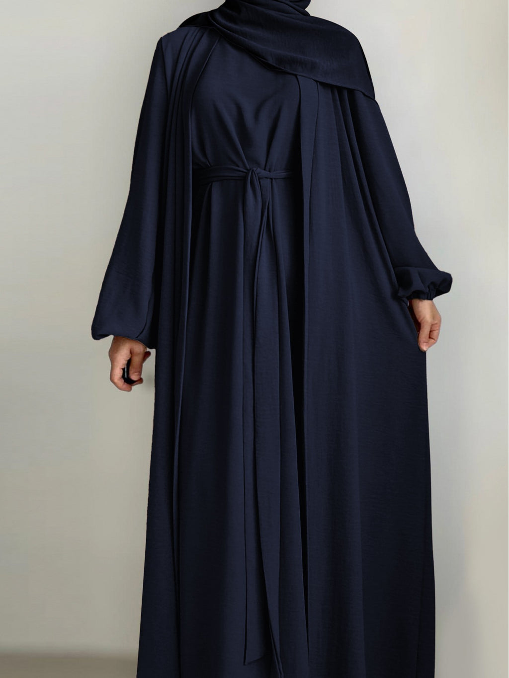 New Middle Eastern Dubai 3pcs Abaya Set - Women'S Traditional Belted Waist Dress with Cardigan And for Ramadan - Navy Color