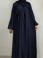 New Middle Eastern Dubai 3pcs Abaya Set - Women'S Traditional Belted Waist Dress with Cardigan And for Ramadan - Navy Color