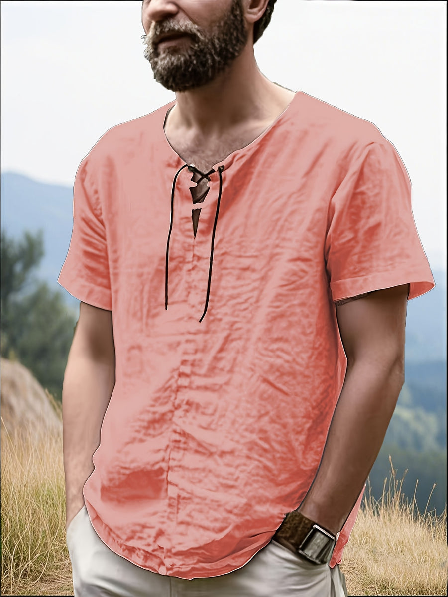 Men's Casual T-Shirt, Versatile Summer Short-Sleeve Top, Fashionable Solid Color Sweatshirt, Crew Neck with Drawstring Design - Lightweight and Breathable, Machine Washable, Suitable for Daily Wear and Outdoor Leisure - Pink