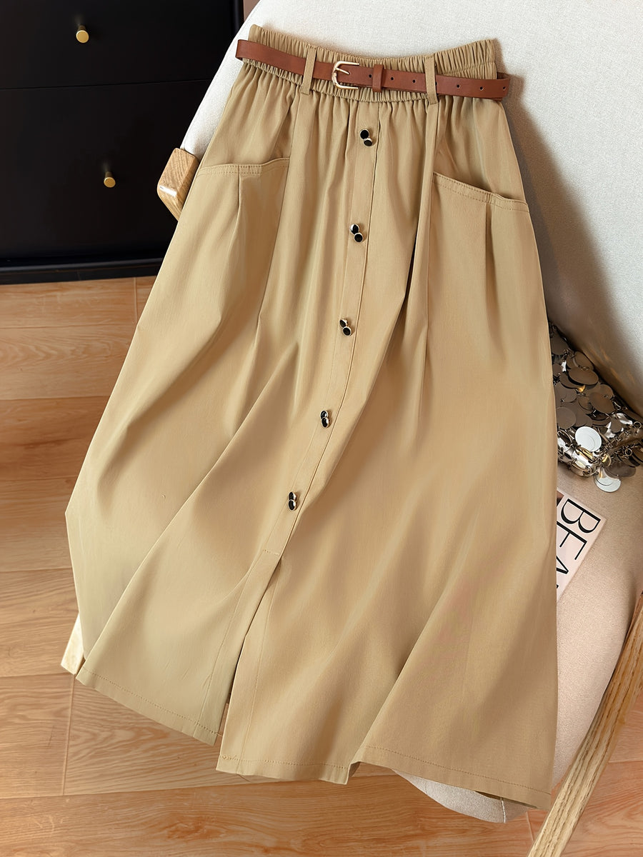 Easy High-Waist Half Skirt Women'S New Elastic Waist Button Decor A-Line Mid-Length Coverage Large Pocket Design Commute Casual Skirt with Belt - Khaki