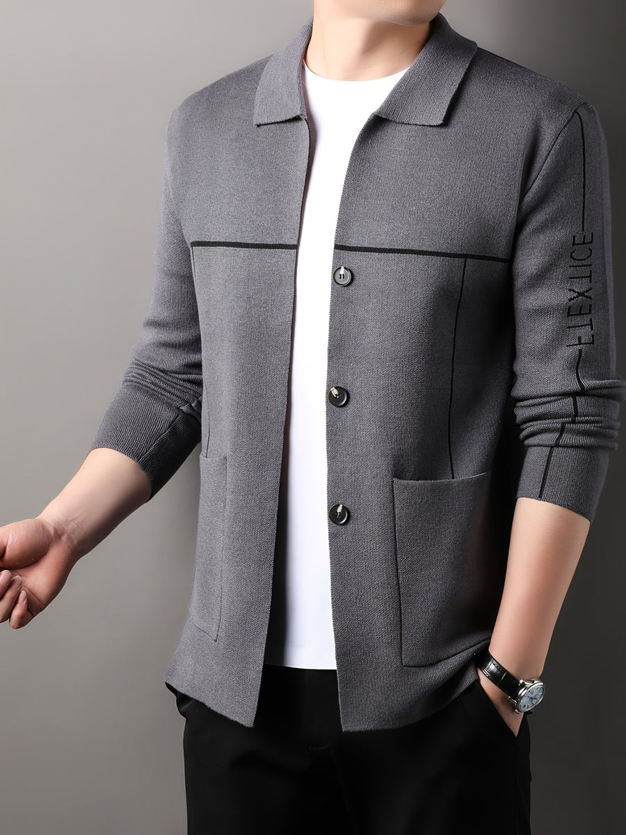 Xingfan Autumn/Winter Men's Line Embroidery Cardigan Long Sleeve Casual Lapel Knitted Outerwear - Grey