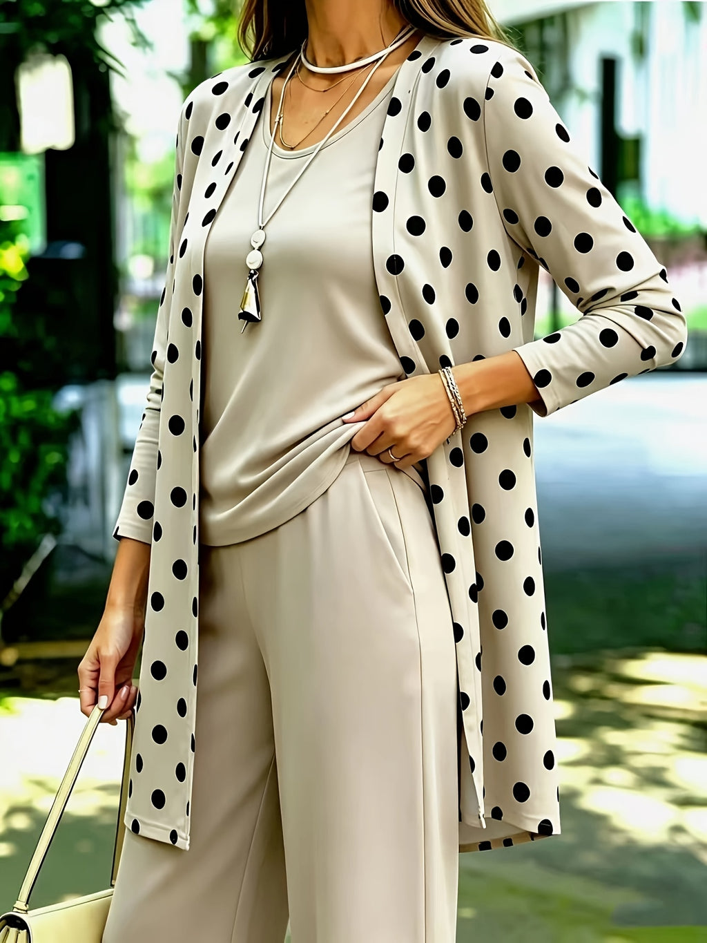 Plus Size, Plus-size Women's Casual 3pcs Set: A Casual and Comfortable Solid-color Vest, a Polka-dot Print Long-sleeve Cardigan, and Loose-fitting Casual Trousers, Stylish Leisurewear - Apricot