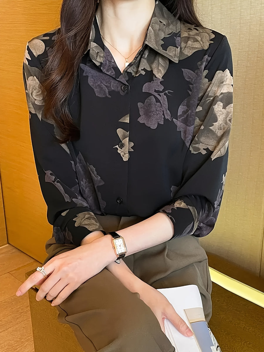 Vintage Design Printed Long-Sleeve Loose Fit Elegant Shirt Top, New Spring/Autumn Style - Mixed colors