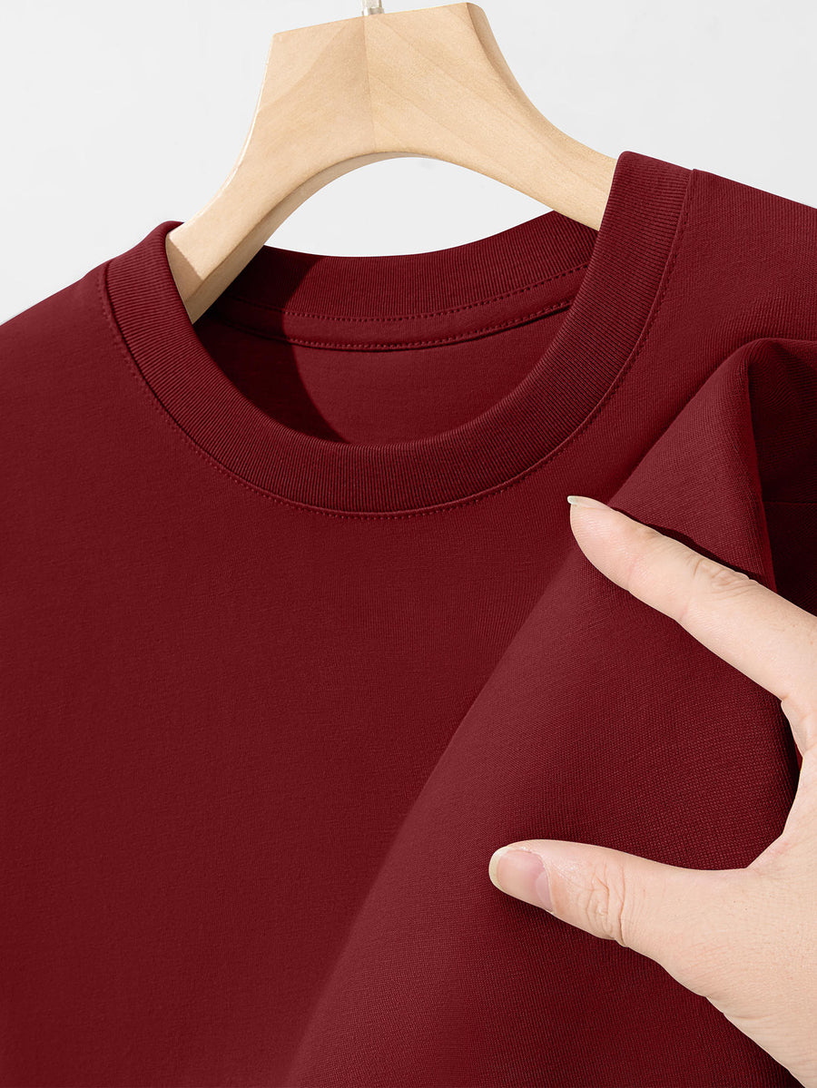 JEEP Men's Pure Long-Sleeve T-Shirt, 210g, Crew Neck, Solid Color, Wear-Resistant, Breathable, for Spring/Autumn Casual and Sports as a Base Layer Top - Burgundy