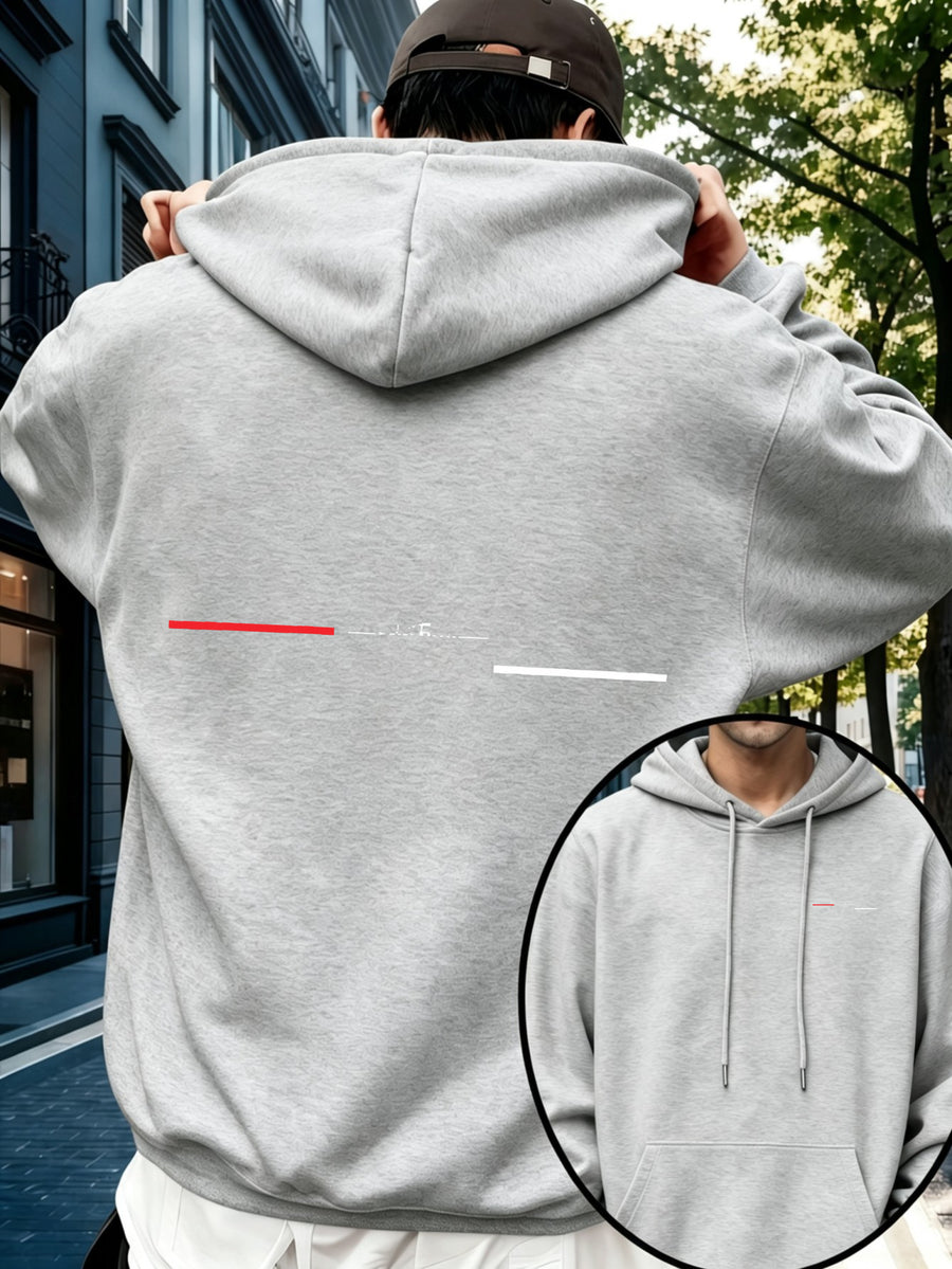 Men'S Hoodie, Casual Daily Wear, Minimalist Line Graphic Print, Pullover Sweatshirt, Streetwear Style, Autumn Winter Outdoor, Red And White Stripe Detail - Light Grey