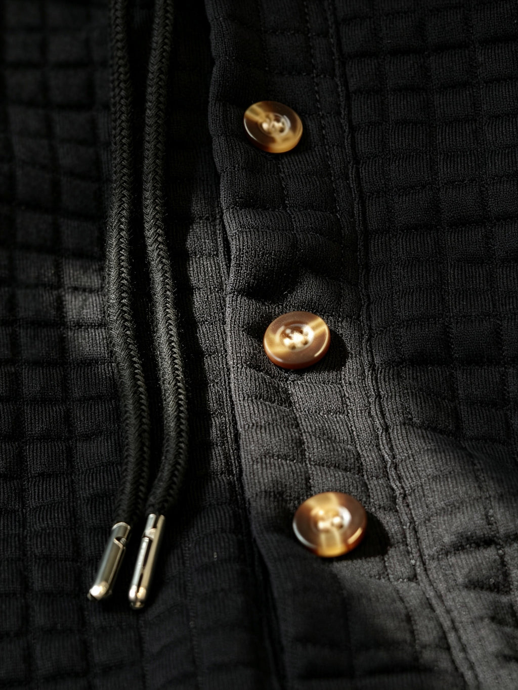 [Villa Le Water OBM] BOWZ Men'S Fashion Hoodie, Small Checkered Jacquard Texture Hooded Sweatshirt, Long Sleeve Henley Half-Button Placket with Black Drawstring Hood, Personalized Patchwork Hem, Slightly Loose Curved Hem Fit - Black