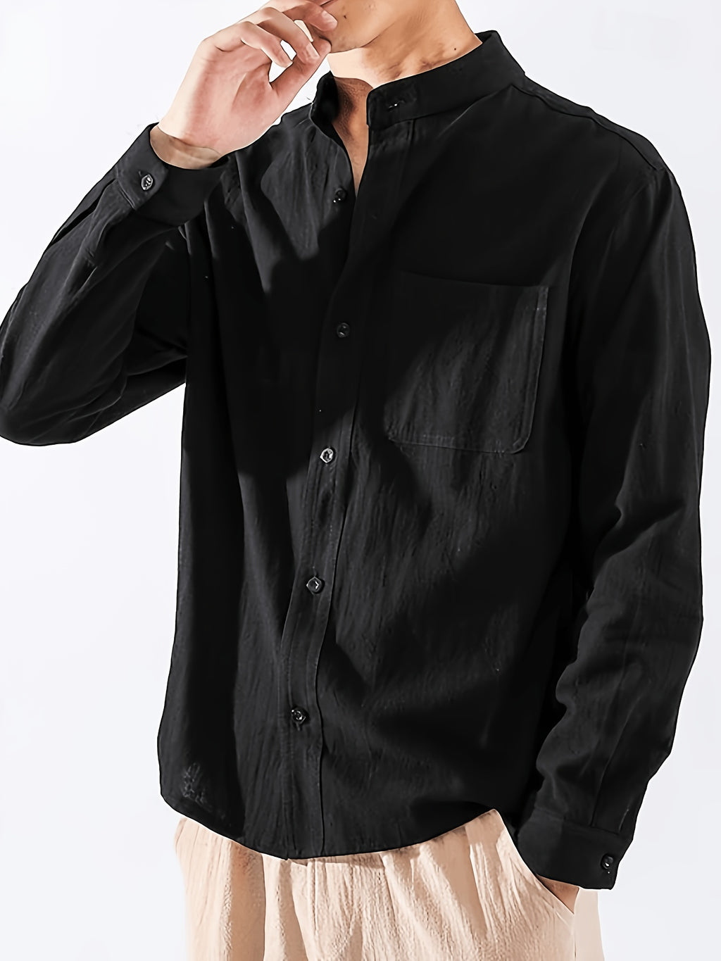 Spring New Men'S Linen Mandarin Collar Long Sleeve Shirt, Neo-Chinese Minimalist Style, Breathable Linen Fabric, Versatile Business Casual, Great Gift for Elders And Boyfriends, 1pc. Gift Box And Props Are for Decorative Purposes Solely - Black