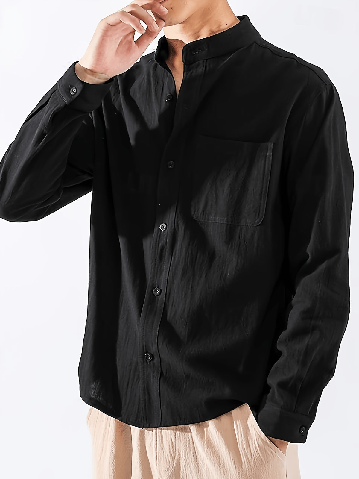 Spring New Men'S Linen Mandarin Collar Long Sleeve Shirt, Neo-Chinese Minimalist Style, Breathable Linen Fabric, Versatile Business Casual, Great Gift for Elders And Boyfriends, 1pc. Gift Box And Props Are for Decorative Purposes Solely - Black