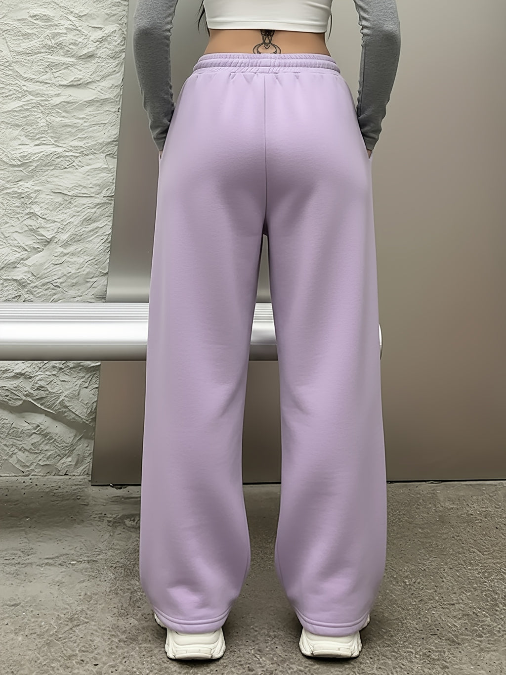 Be Yourself" Purple Butterfly Pattern Print, Casual Sporty Straight-Leg Pants, Women's Elastic Waist Drawstring Wide-Leg Long Pants, All-Season Women's Trousers - Purple