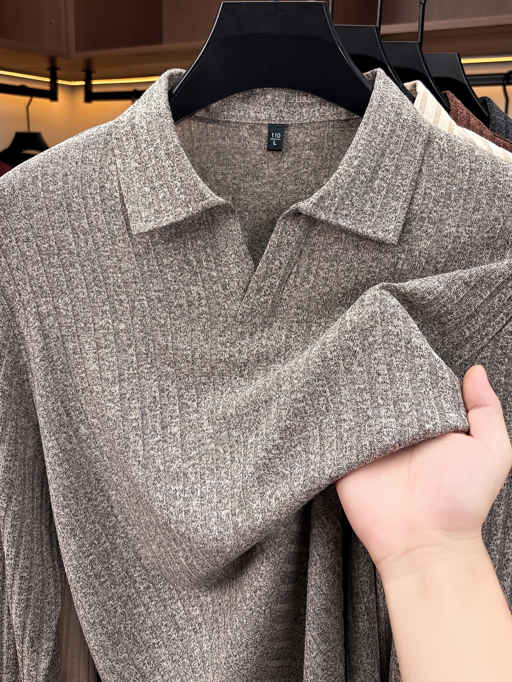 Men's Buttonless V-Neck Long-Sleeve Polo Shirt with Vertical Stripe Knit Lapel - Light Grey