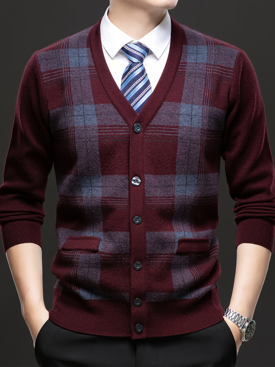 Men's Autumn and Winter Knitted Cardigan Sweater, Classic Striped Design Thickened with Pockets, Gift for Men, Suitable for Casual, Business, and Sports Knitted Outerwear Top - Red
