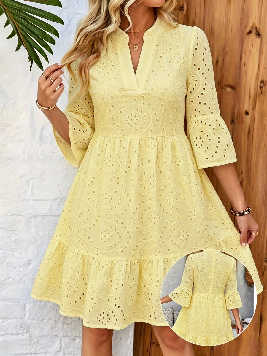 Women's White Hollow Embroidered Notch Collar Multi-Layer Split A-Hem Dress for Spring - 【Light Yellow】