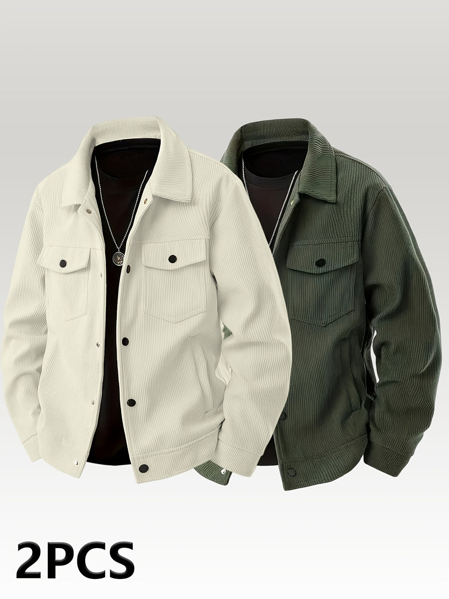 [Pearson OBM] Autumn Hot Style Retro Style Lapel Men'S Solid Color Easy Comfortable Warm Corduroy Cargo Jacket, Encountering Pre-Modern Cross-Border Fashion Jacket 2pcs Set - Milky white + military green