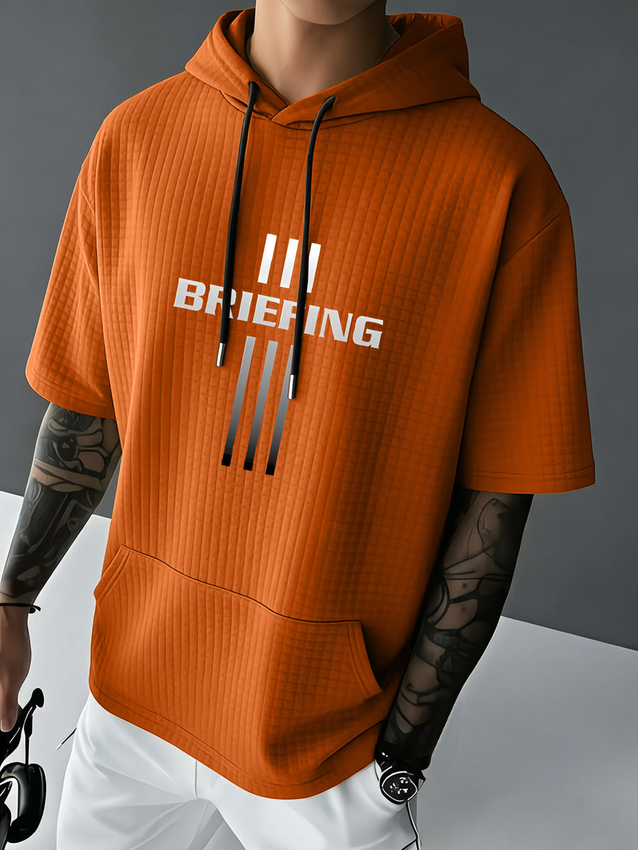 BRIEFING Men's Waffle Knit Short Sleeve Hoodie Top, Comfortable Printed Drawstring Sweatshirt T-Shirt with Pocket, Summer Casual Fashion Men's Apparel, Suitable for Outings and Home Wear, Suitable for Daily and Formal Wear, Simple Summer Fashion - Orange