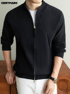 Men's Heavyweight Thick Zip Neck Stand Collar Knit Cardigan, Warm Casual Layering Top for Fall and Winter - Black