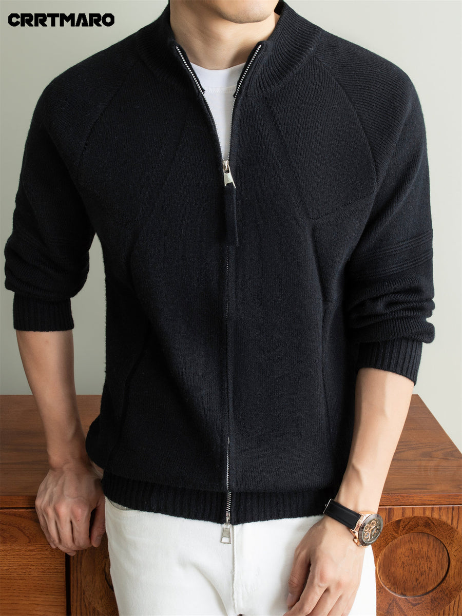 Men's Heavyweight Thick Zip Neck Stand Collar Knit Cardigan, Warm Casual Layering Top for Fall and Winter - Black