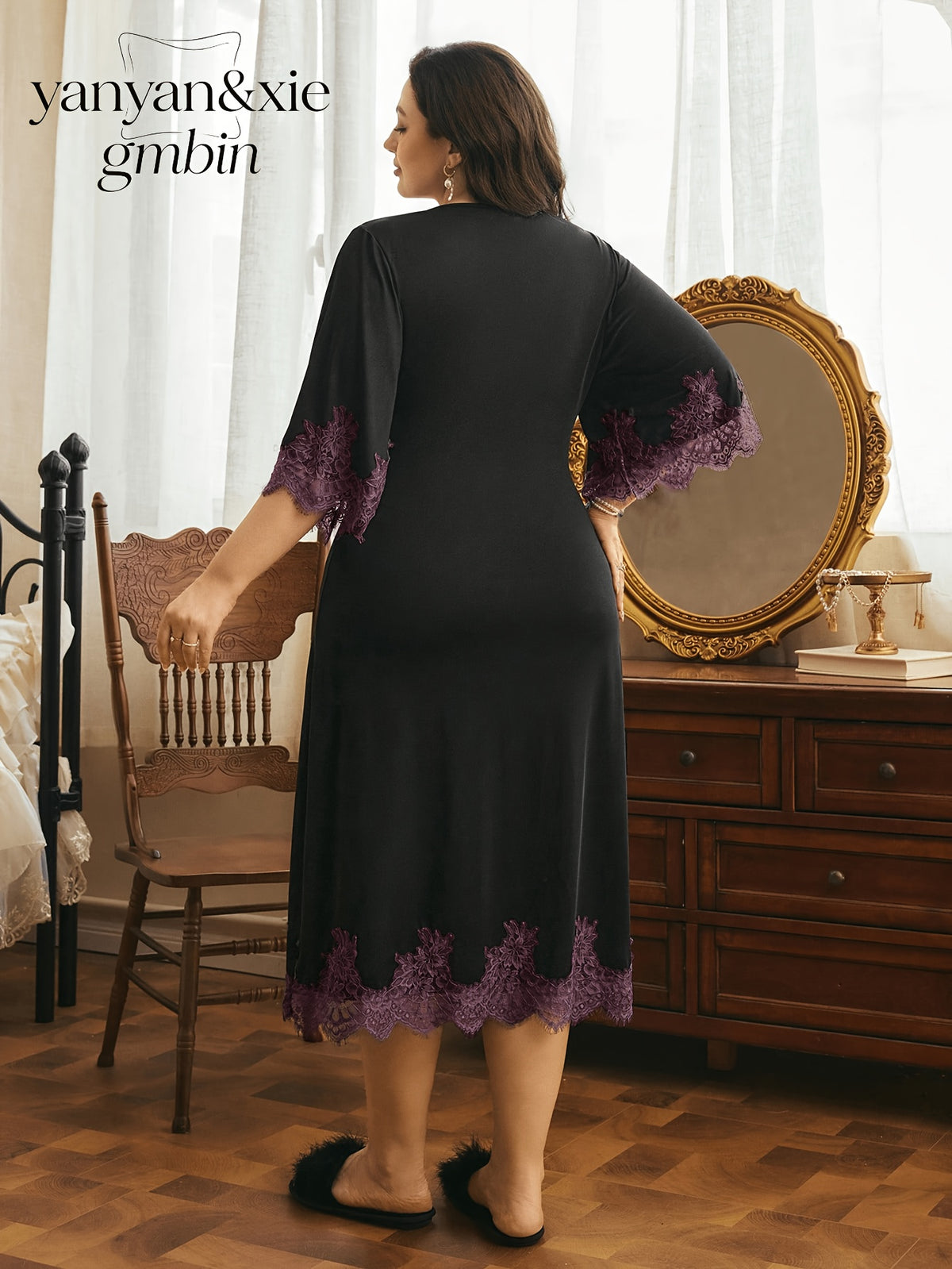 Plus Size Women's V-Neck French-Style Lace Trimmed Mid-Sleeve Nightgown, Spliced Lace Trim Loose Fit Midi Dress, Elegant Deep V-Neck Home Wear, Casual Sleep Dress for Outer Wear - Black