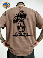Sunglasses Pocket Rabbit Roadrunner Front And Back Print Washable T-Shirt, American Retro Distressed Style Loose Short Sleeve, Unisex Machine Washable T-Shirt, Suitable for Daily Wear, Commuting And Outdoor Outfits - Khaki