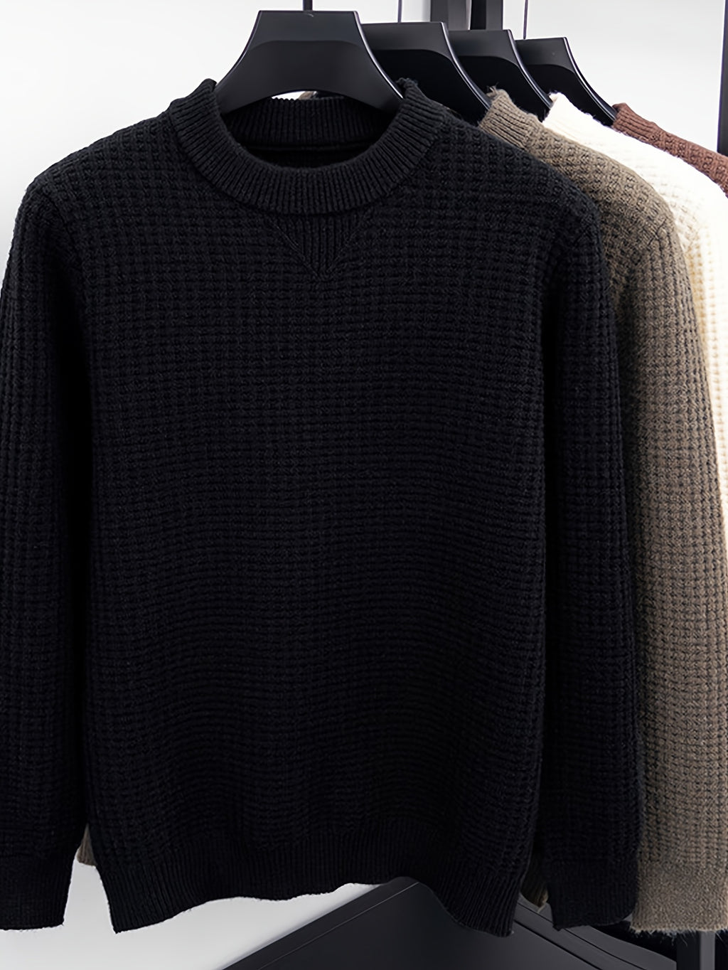 Men'S Waffle Knit Round Neck Sweater, Full Waffle Texture Jacquard Checkered Knit, Strong Three-Dimensional Feel, Thicker Than Regular Plain Knit, Better Warmth - SINBOS - Black