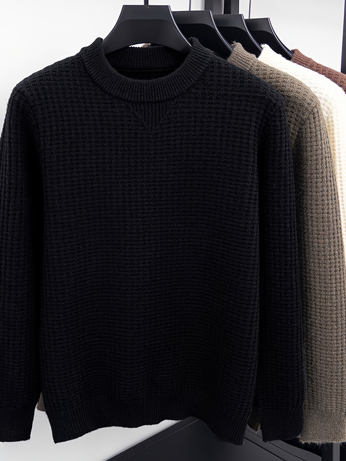Men'S Waffle Knit Round Neck Sweater, Full Waffle Texture Jacquard Checkered Knit, Strong Three-Dimensional Feel, Thicker Than Regular Plain Knit, Better Warmth - SINBOS - Black