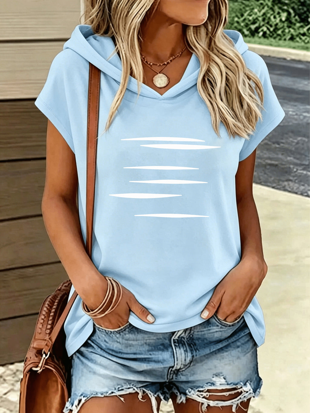 1pc Hooded Top Easy Line Design Casual All-Match Style Summer New Y2K Style Women'S Casual Athletic Wear Elegant Fashion Comfortable T-Shirt Top - Sky Blue