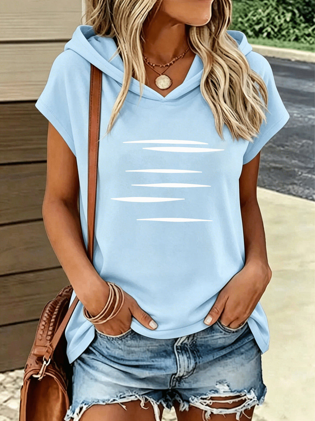 1pc Hooded Top Easy Line Design Casual All-Match Style Summer New Y2K Style Women'S Casual Athletic Wear Elegant Fashion Comfortable T-Shirt Top - Sky Blue