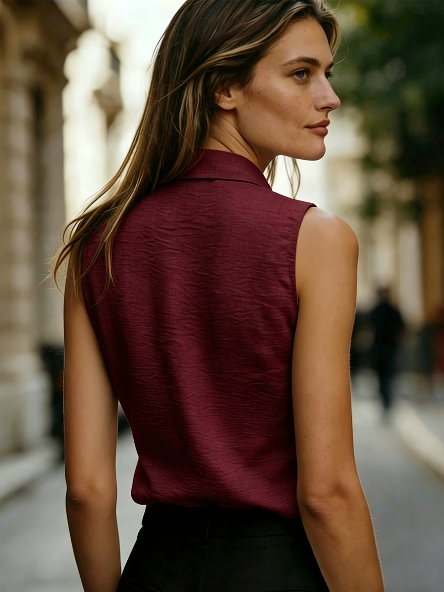 Casual Linen Sleeveless Shirt for Women, Commuting Beach and Holiday Style Blouse - Deep Red