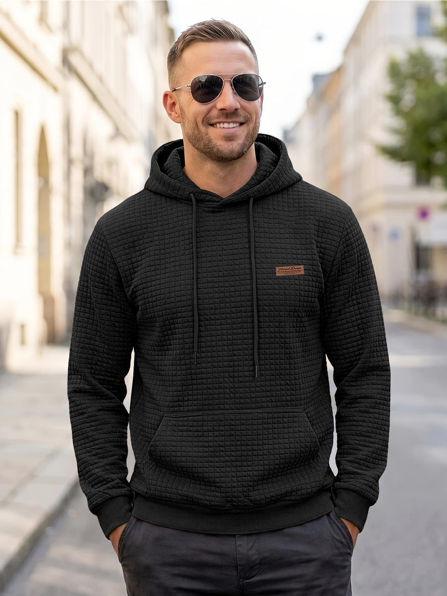 American Style New Men's Casual Pullover Jacquard Sweatshirt, Plaid Hooded Sweatshirt with Large Pocket - Black
