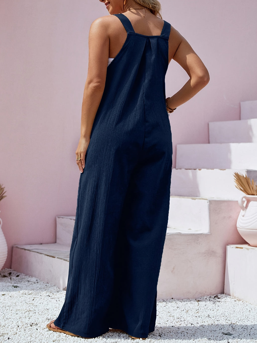 Plus Size - Spring Summer Women'S Plus Size Solid Color Button Bib Jumpsuit - Comfortable Casual Homewear (Front Length with Straps, Measure After Fastening Last Button) - Navy blue color