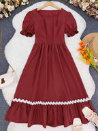 Women's Ombre Color Casual Elegant Vacation Wrap-Front Waist-Cinching A-Line Lace Trim Dress - The color of rouge
