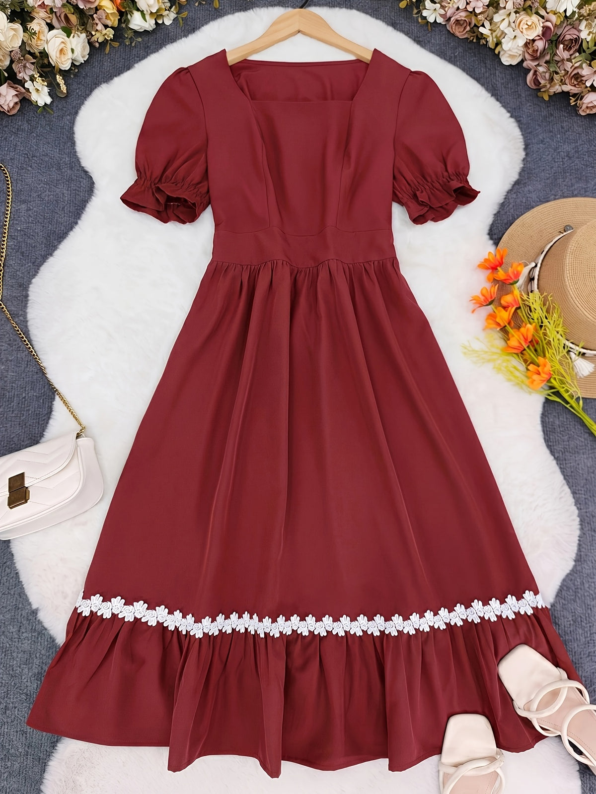 Women's Ombre Color Casual Elegant Vacation Wrap-Front Waist-Cinching A-Line Lace Trim Dress - The color of rouge