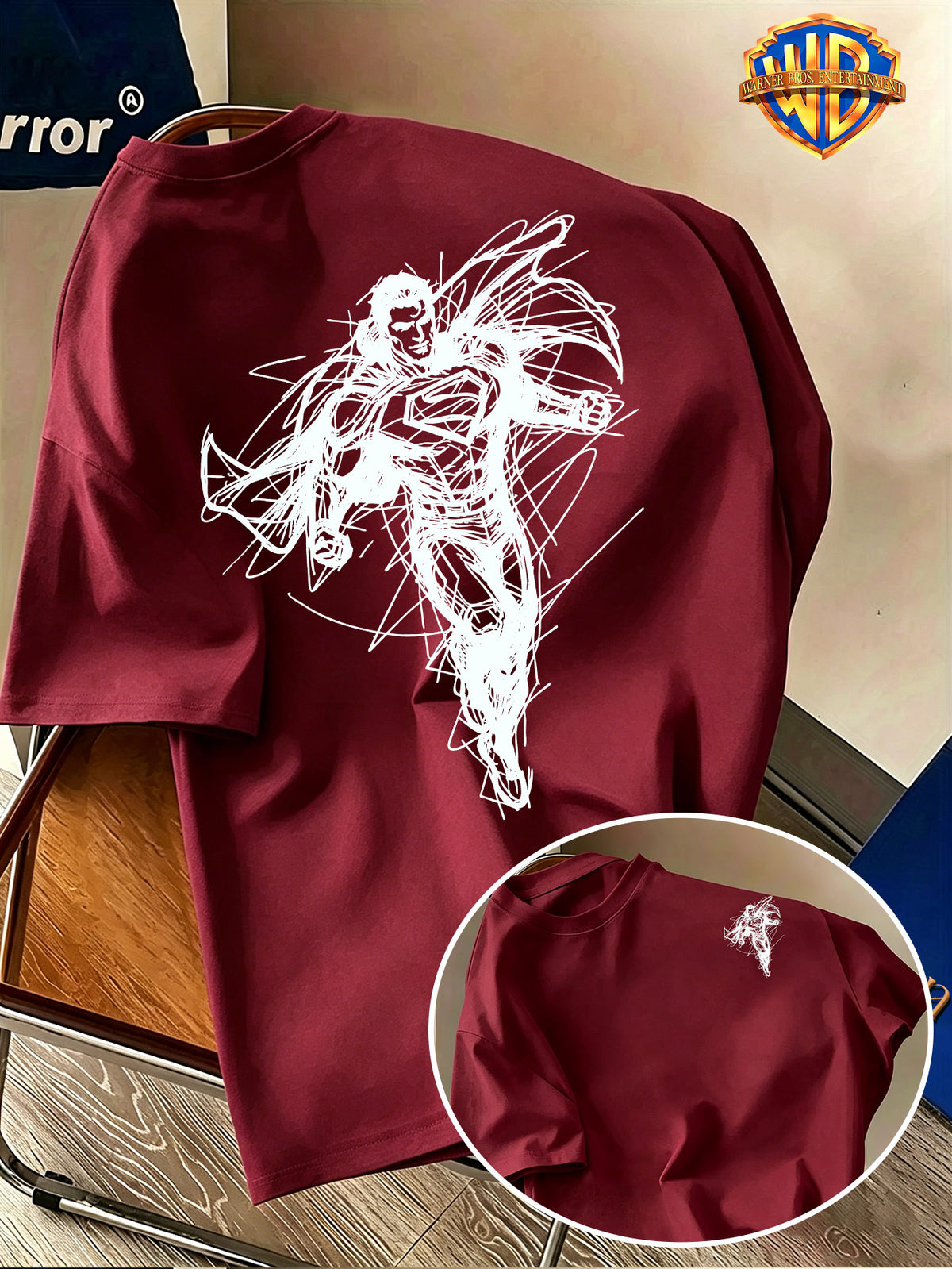 Warner Bros. Official Back-to-School Season Men's Casual T-Shirt, Soft and Breathable Lightweight Short-Sleeve Fabric, DC Superman Core S Logo Black and White Sketch Line American Anime Print, Light and Comfortable Fit, Suitable for Daily Wear - Burgundy