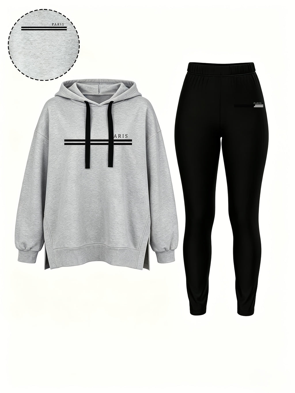 Autumn/Winter Set: Hooded Sweatshirt And Fitted Long Pants (Pattern Print Design) - Light gray with black
