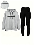 Autumn/Winter Set: Hooded Sweatshirt And Fitted Long Pants (Pattern Print Design) - Light gray with black