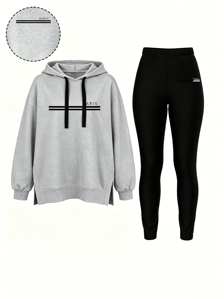 Autumn/Winter Set: Hooded Sweatshirt And Fitted Long Pants (Pattern Print Design) - Light gray with black