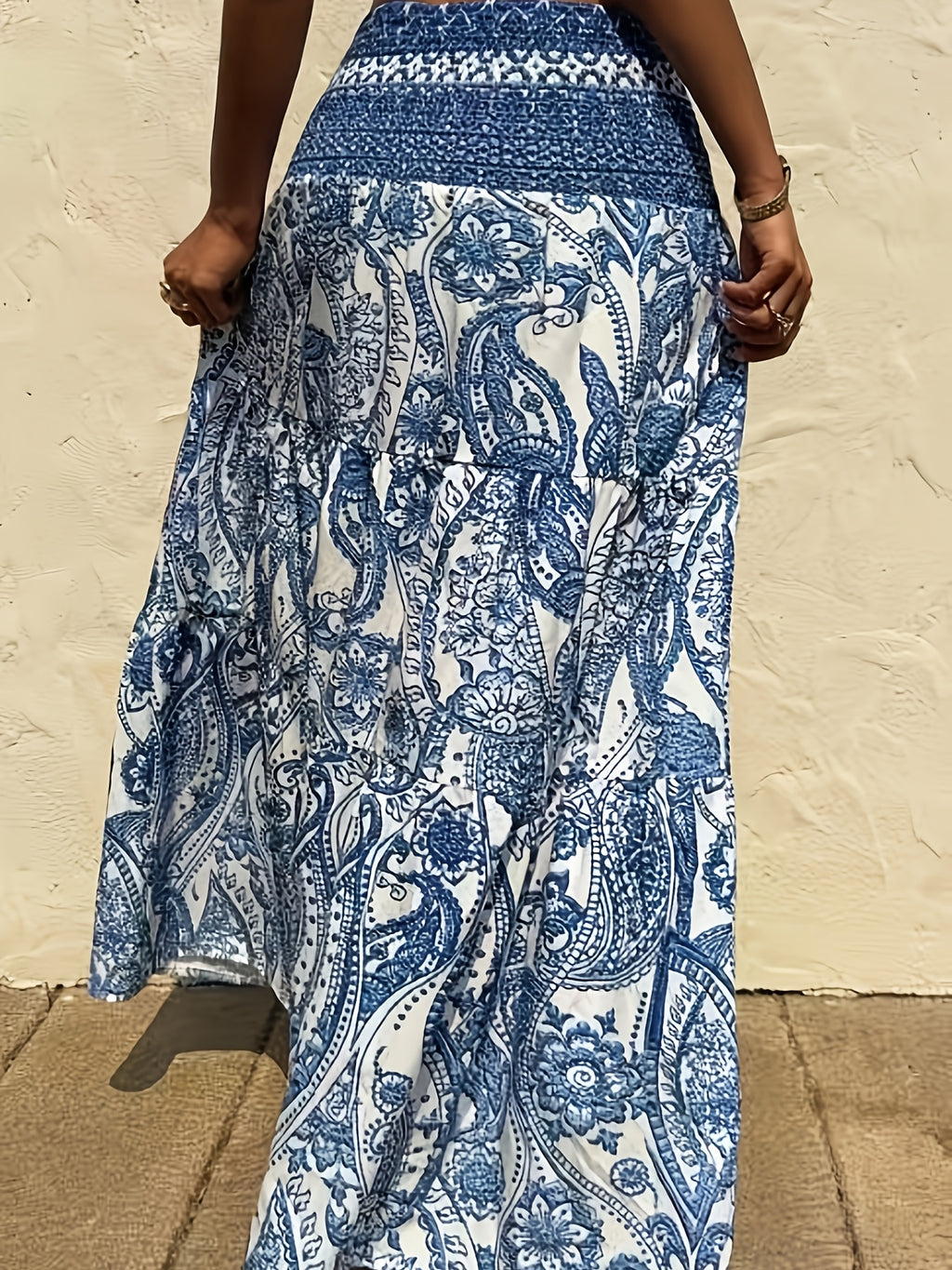 Women's Bohemian Print Skirt, Casual Daily Vacation Wear for Spring/Summer - Peacock Blue