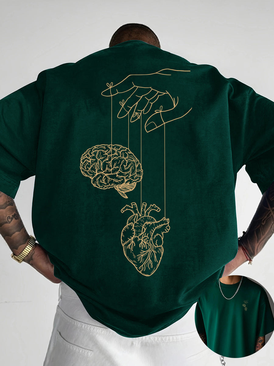 Creative Front and Back Printed Graphic Crew Neck T-shirt, Pure Cotton Summer Trendy Fashion Short Sleeve, Casual Daily Style Top, Essential for Outings and Leisure, an Excellent Gift Choice - Dark Green