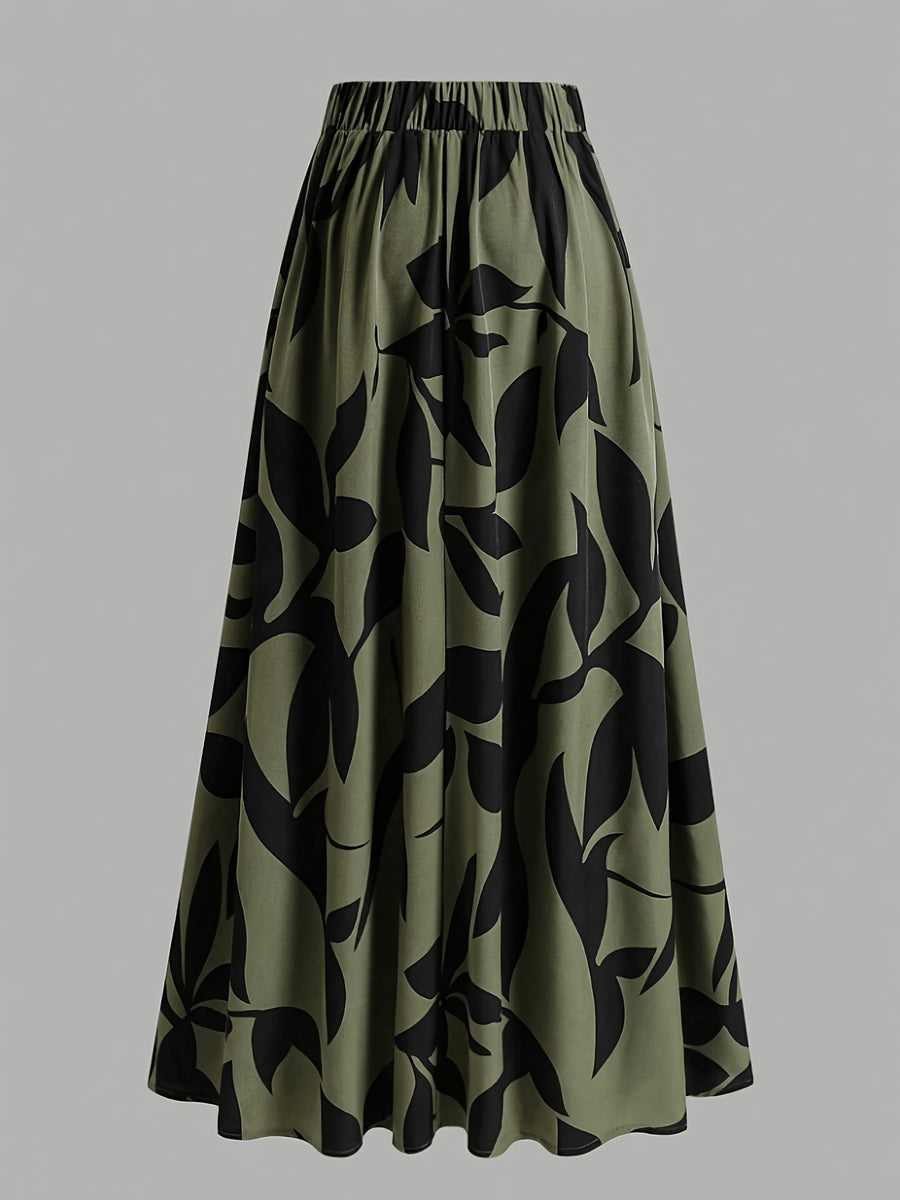 Women's Wide-Length Watercolor Midi Skirt - High-Waisted Loose Skirt Suitable for Spring Summer Fall, Elegant Office to Casual Wear, Machine Washable Skirt - fern green