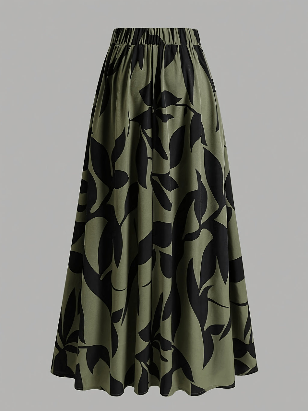Women's Wide-Length Watercolor Midi Skirt - High-Waisted Loose Skirt Suitable for Spring Summer Fall, Elegant Office to Casual Wear, Machine Washable Skirt - fern green