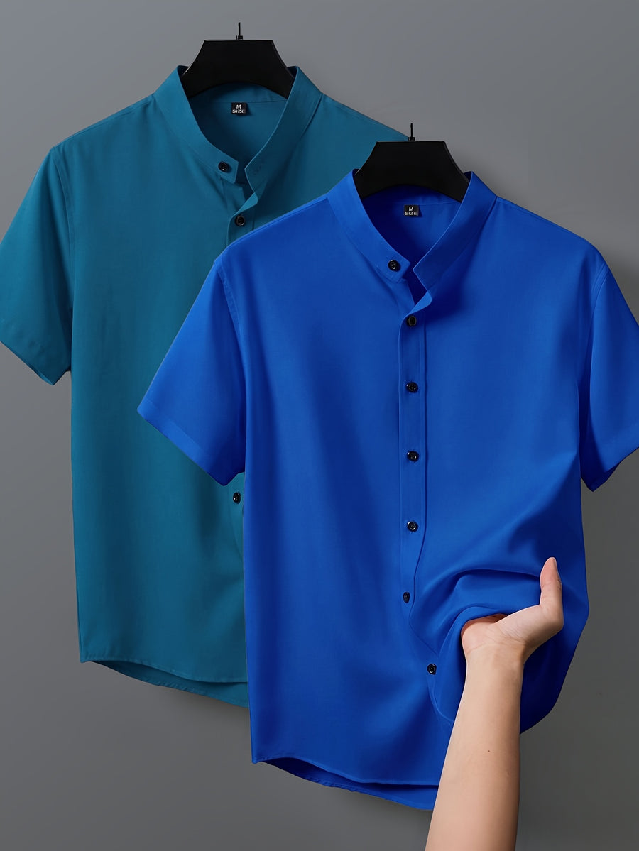 2pcs Men's Short-Sleeve Shirts, Henley/Stand-Up Collar Design, Summer Casual Outerwear - 10