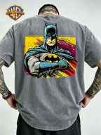 Men'S Washed Short Sleeve T-Shirt, Classic Batman Print on Back, Bold Bat Symbol on Chest, Retro Comic Style Design, Premium Fabric Soft And Breathable, Suitable for Casual Wear, Essential for Trendy Street Style - Grey