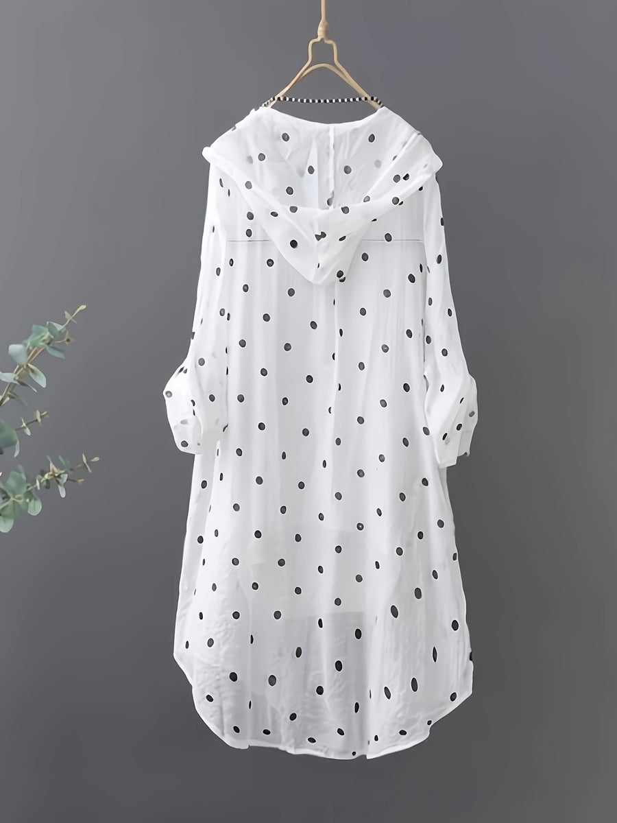 Fashionable Loose Long Polka Dot Shirt | Casual Style, Hooded Collar, Ideal For Spring/Summer/Fall - White