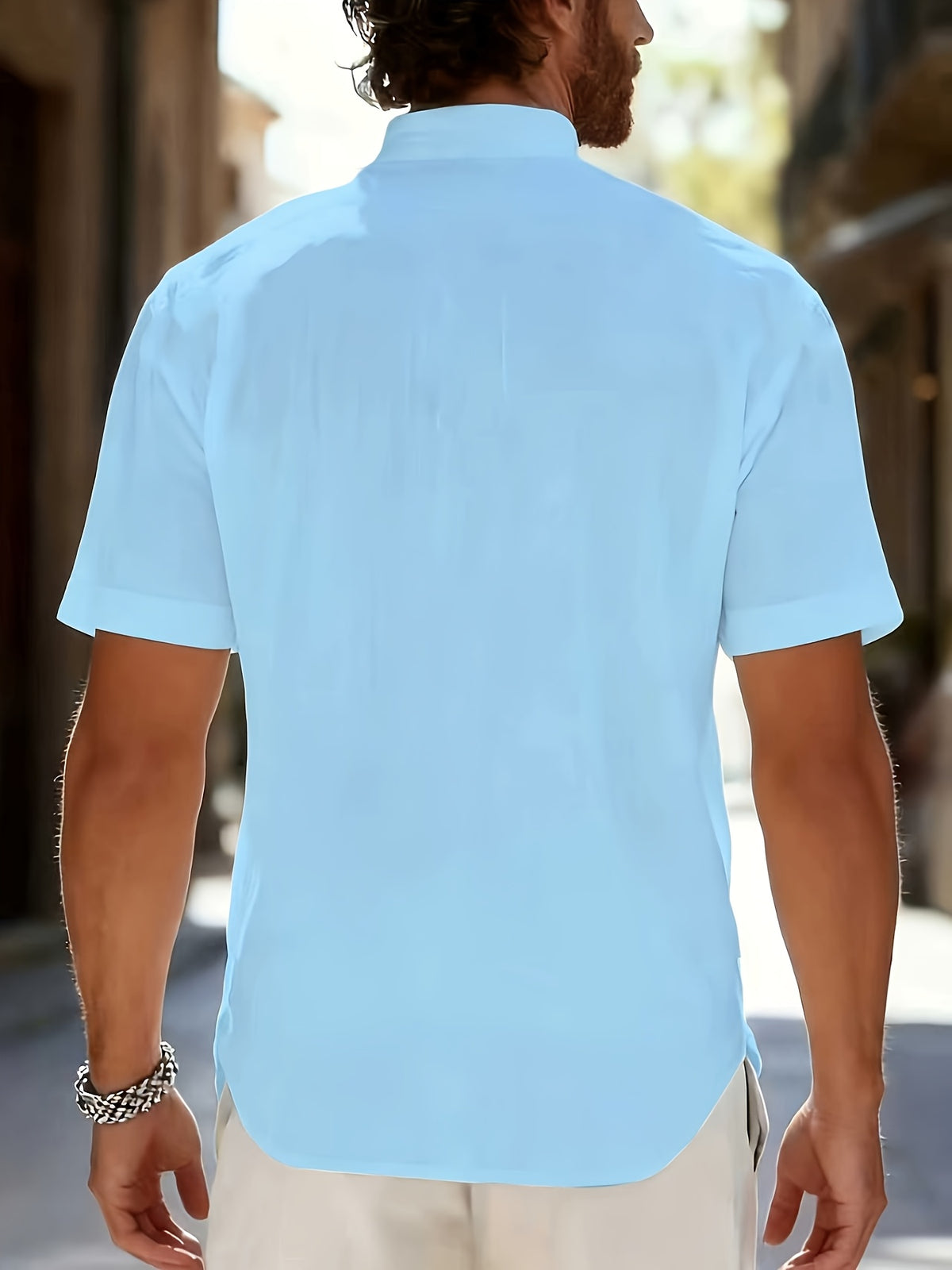 Men'S Stylish Polo Collar Linen Breathable Comfortable Casual Short-Sleeve Shirt - Sky Blue
