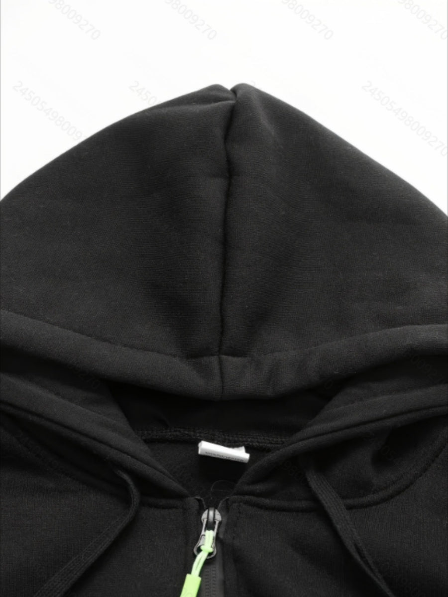 Men'S Basic NY Uppercase Letter Print Cargo Hooded Zipper Cardigan Casual Jacket - Black