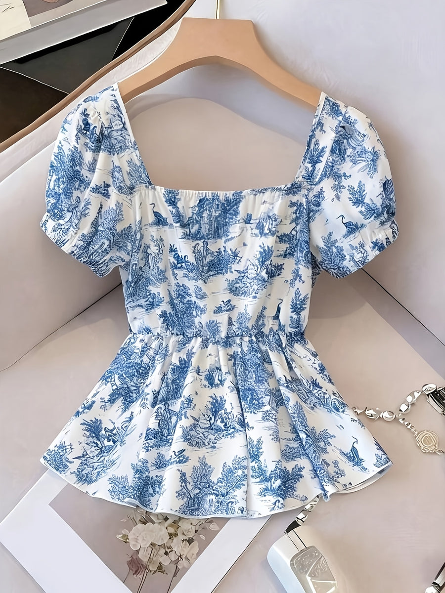 Women'S Elegant Summer Printed Square Neck Bow Puff Sleeve A-Line Waist-Cinching Fashionable Elegant Sweet Top, Random Print - Mixed colors